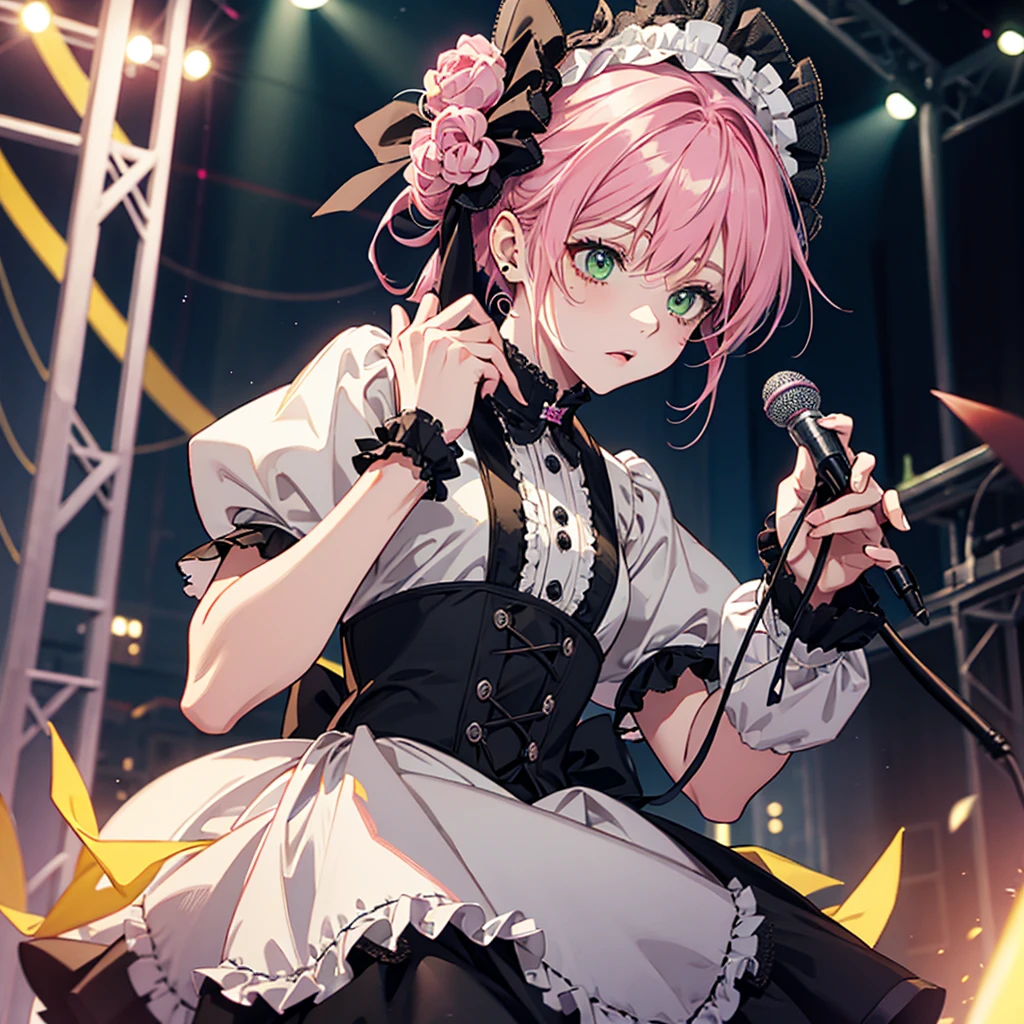 male、Pink Hair、Yellow Mesh、Wolf Cut、Green Eyes、Gothic Lolita、Playing live、Holding a microphone
