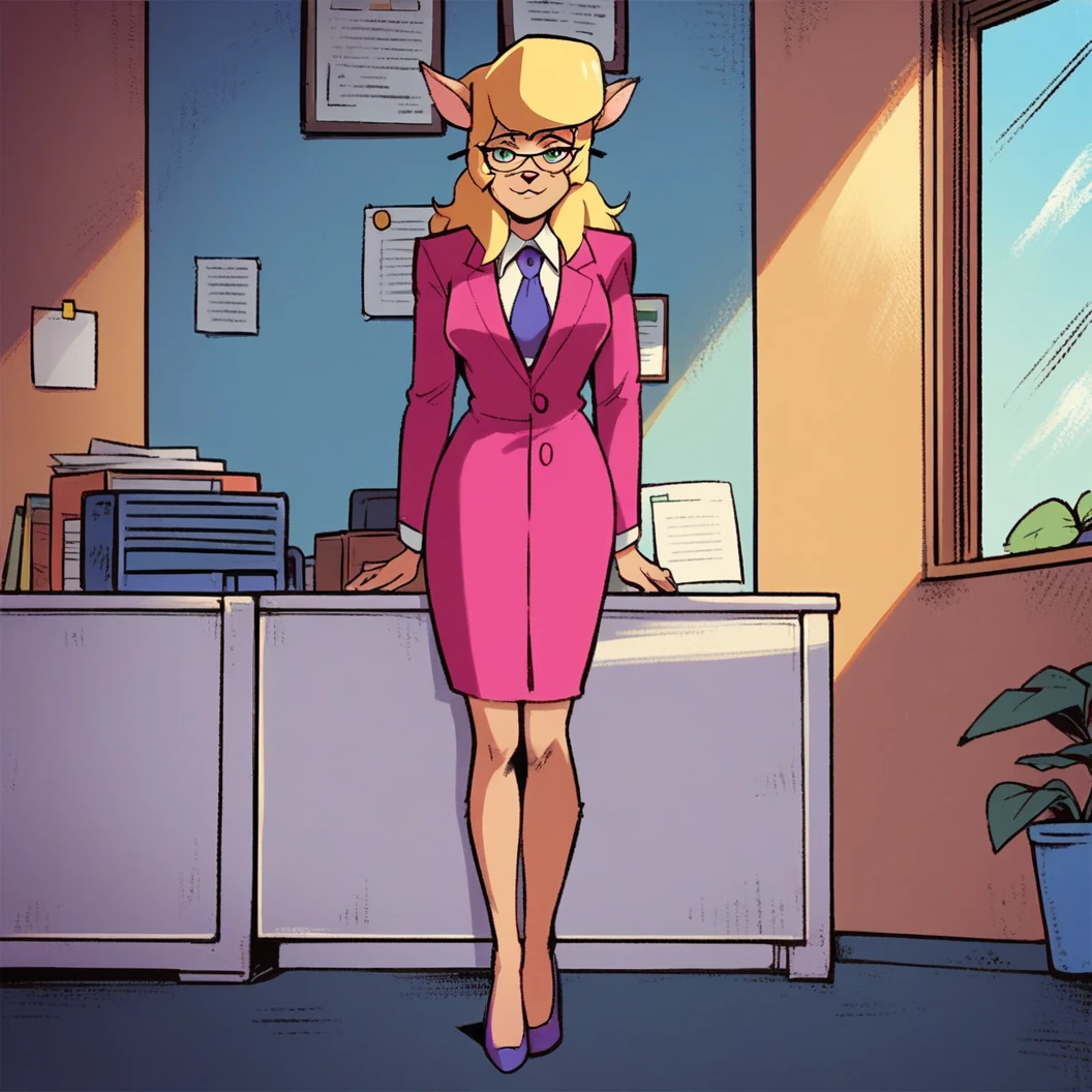 score_9, score_8_up, score_7_up, score_6_up, score_5_up, score_4_up, (Source furry), (rating nsfw), 1girl solo, indoors, office, looking at viewer, glasses, callie briggs,, detailed, detailed fur, front view, standing, full view, legs, purple heels, white panties, embarrassed, pink polka dot panties, skirt fallen down at her ankles, skirt unbuttoned, pink coat