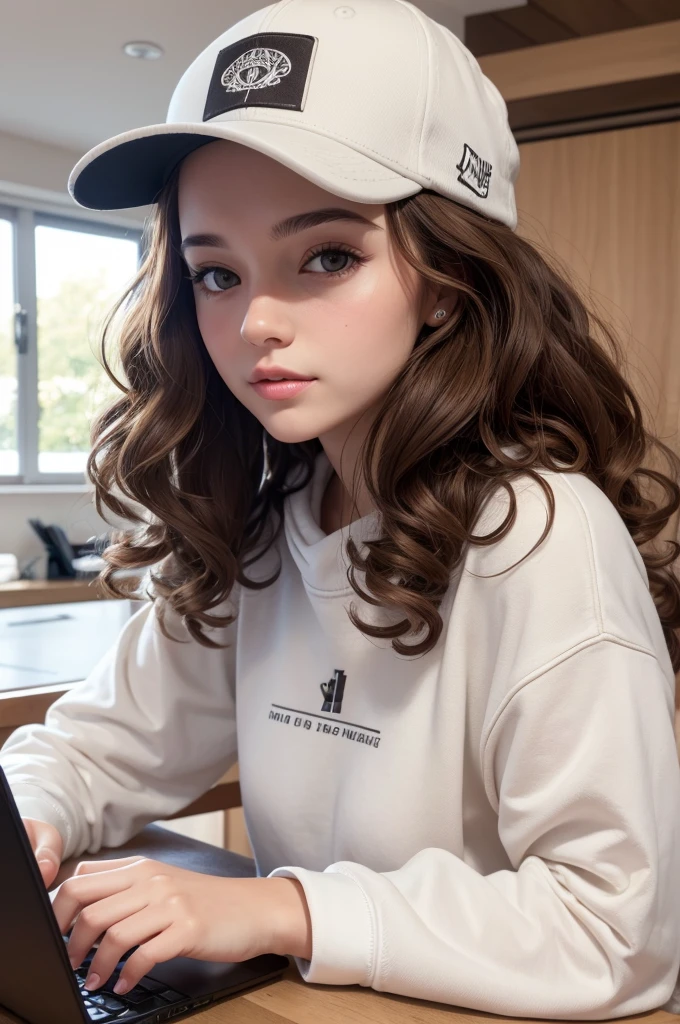 Create the image of a white girl with curly brown hair, wearing cap and sweatshirt, Working at home