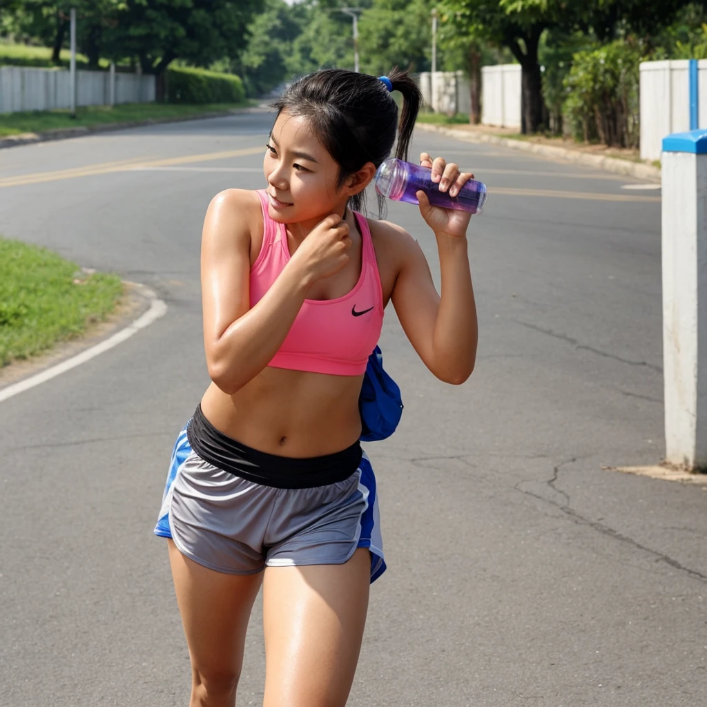 Beautiful asian woman who just finished a long distance run, sweating heavily and drinking water.