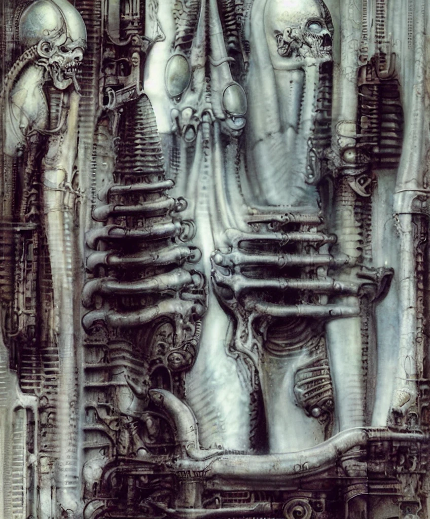 Giger_style, The image is a detailed view of H.R. Giger's \" NYC \" plate, featuring a complex network of bones and organs in a purple-brown hue ,swirling gray and brown colors. The artwork is silver and purplish brown, with an ivory bones prominently displayed. The image is highly detailed and intricate, almost like a 3d version of a medical sketch.
The piece is a tableau, most likely created with a India ink pen or pencil on paper, determined by the thin lines, shading techniques, and the texture of the paper, which is visible around the edges. Used is pen, given the shading and variations in line weight visible in the image. One have used a variety of pencils with different degrees of hardness to achieve the shading effects.
The style is clearly biomechanical. Features combination of organic and mechanical forms. Mechanical elements dominate the composition, there are subtle organic hints. The use of undersaturated purple-grays dark contrasts creates a stark and graphic look. Is used a variety of linework techniques to create different textures. Fine, parallel lines create a smooth, metallic texture,while thicker, more cursive lines suggest cables or wires. Machines fills most, with its central cylindric structure acting as the focal point. Parallel lines emanating from this central structure used to create a sense of depth and movement. Being overwhelmingly mechanical, there are subtle suggestions of organic forms.
The art performance showcases the artist’s skills in observation and rendering. The level of detail in the piece suggests a close study of real bone specimens and anatomy. The artist has skillfully used shading techniques to create a convincing illusion of three-dimensionality on a flat surface.The wrinkles and cracks in the surface, and the cast shadows with accuracy, used shading techniques to create a realistic depiction of light and shadow on the objects. This creates a sense of depth and dimension in the image
