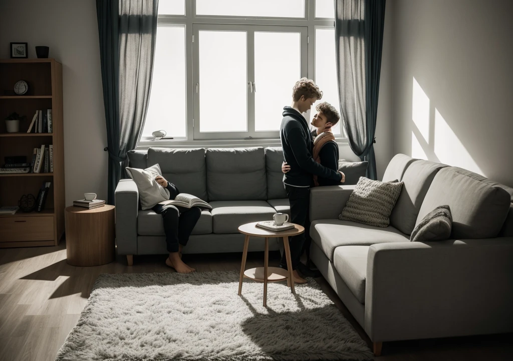 Two boys, penthouse apartment, Deadly fog outside, cozy interior, Sofa and blankets, Growing relationship, Intimate moment, warm lighting, Diffused light through the window, Books and coffee mugs, isolation, Comfort, Silhouettes outside.