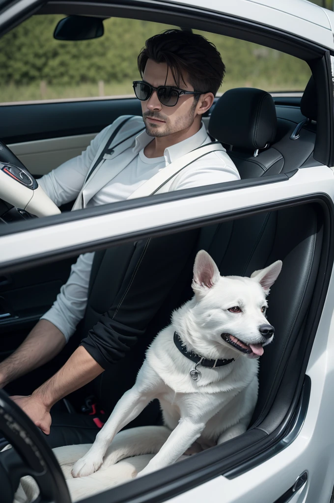 Create 4K image of a man holding a gun inside a sports car with a white dog in the passenger seat and near the car is a police car