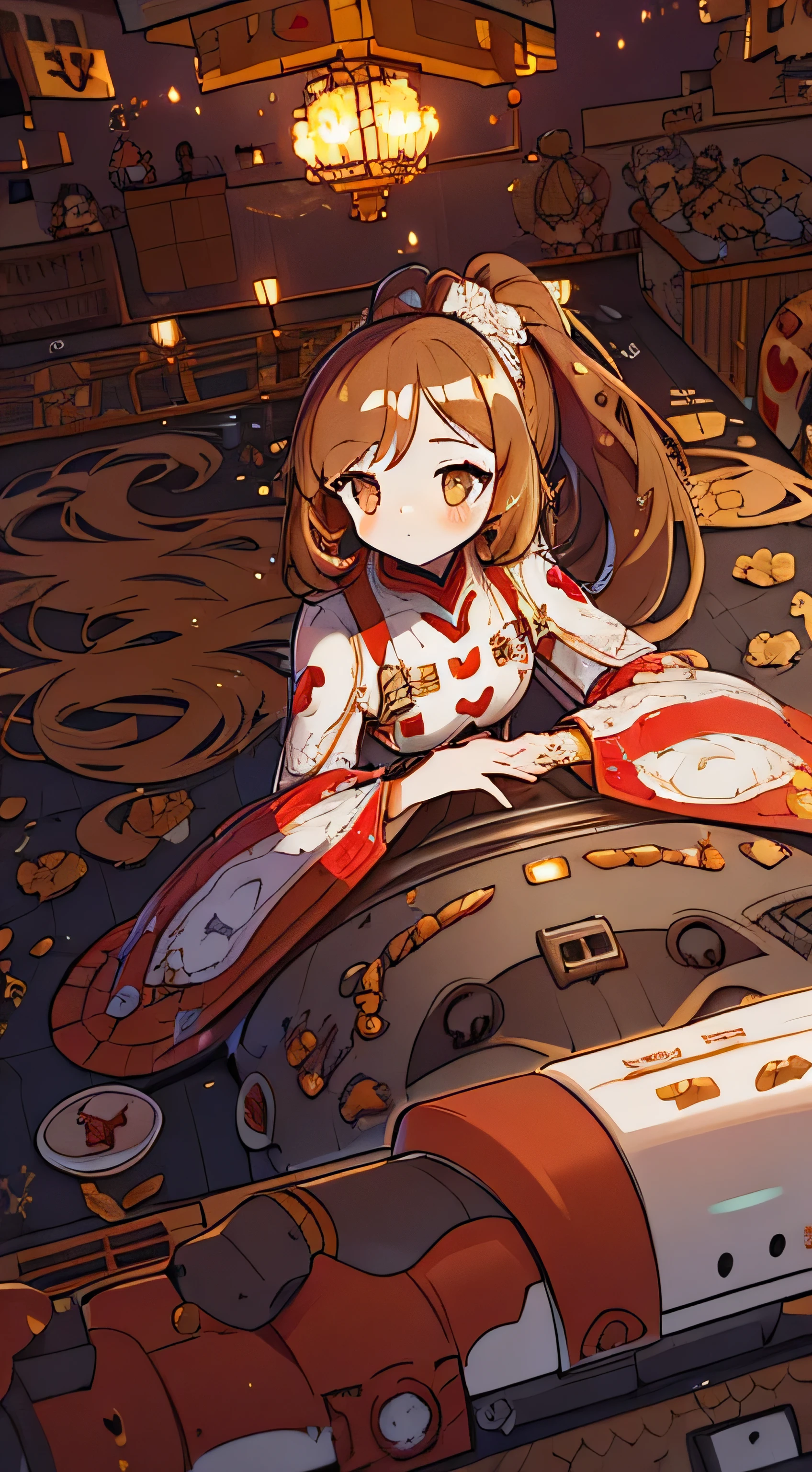 1GIRL, finely detailed, (best quality), hdr, hi res, high resolution, (masterpiece), absurdres, (intricate details), cute style, ((long brown hair in ponytail)), ((plugsuit)), battle suit, ((red and white clothes)), ((mecha style clothes)), beautiful face, happy, cute face, pinup, perfect face, in futuristic city, dynamic, laying down, knees_up, (curled up), cape