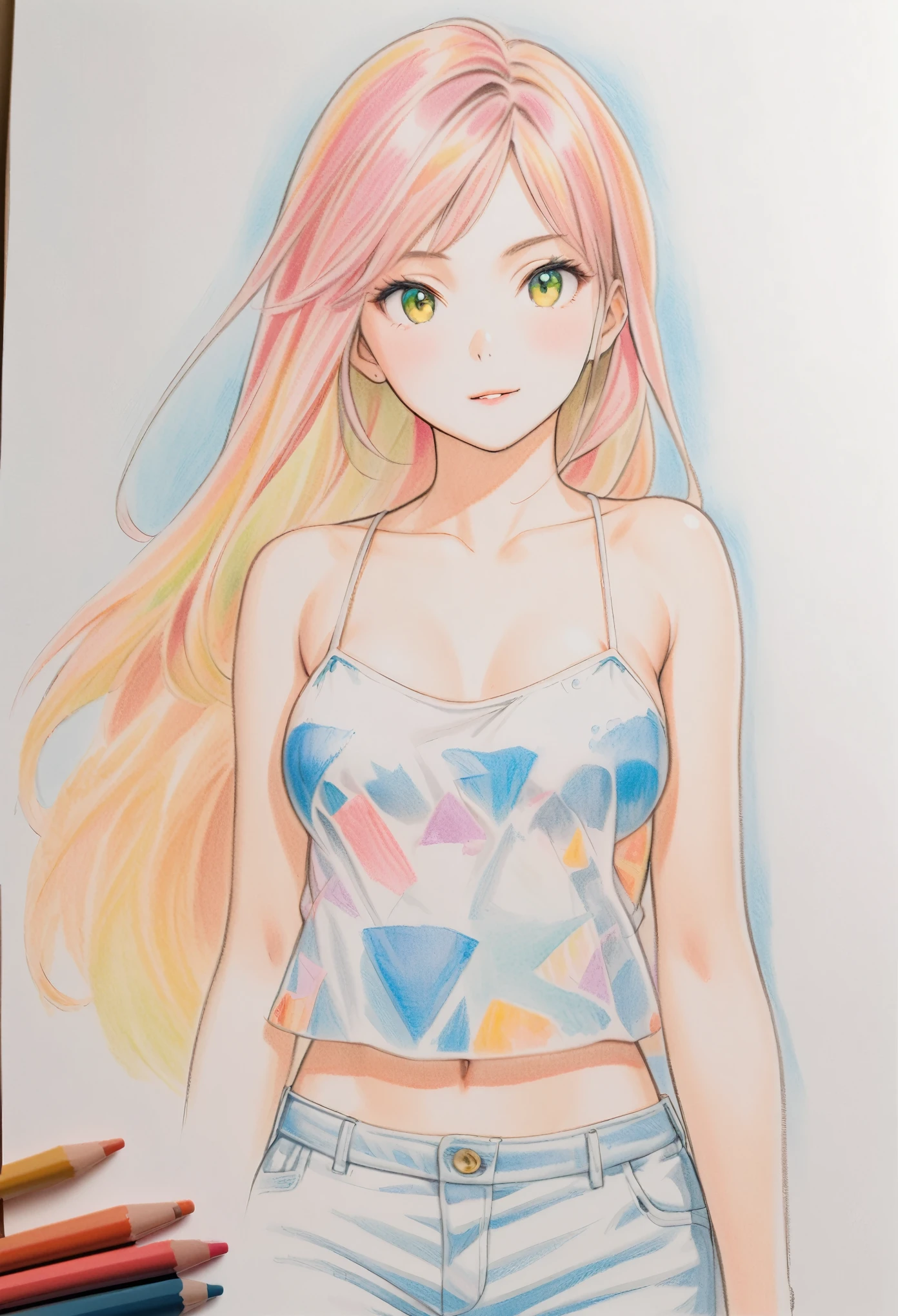 female,short camisole,white,Art,ad,colour pencil drawing,draft drawing,illustration