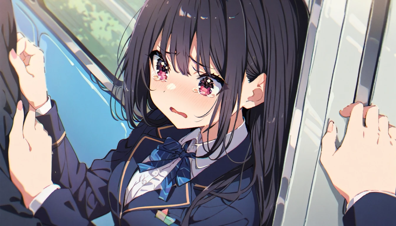 handjob,Sit in a black chair,side view,uniform,shirt,Checked tie,Checked Skirt,Navy Socks,first round,(1girl,Beautiful 14 year old girl),((Slender,,low length,Small breasts,Thin legs,Small Ass,Baby Face,Small face)),lick,open mouth,tongue out,cum on tongue,front face,from front,looking at viewer, looking ahead,from above,cowboy shot,Black Hair,two side up,Gray Eyes,Drooping eyes,slit pupils,narrow eyes.middle School girls,Beautiful and detailed anime art,Mischievous smile,Sexy vibe,Dimly lit room,Simple Background,Gray background,Low lighting