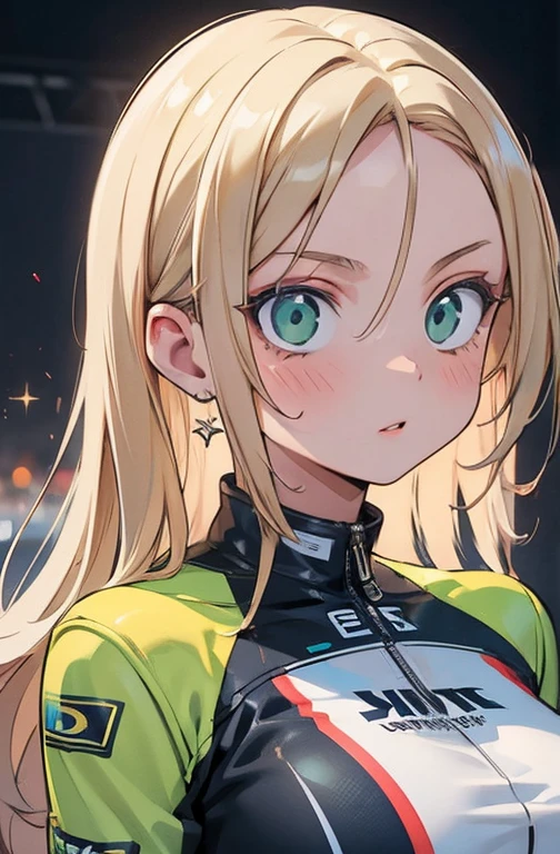a detailed masterpiece portrait of a beautiful blonde woman with green eyes wearing a racing suit, extremely detailed face and figure, long hair, photorealistic, professional lighting, vibrant colors, cinematic composition, big breast, sensual Perfect body