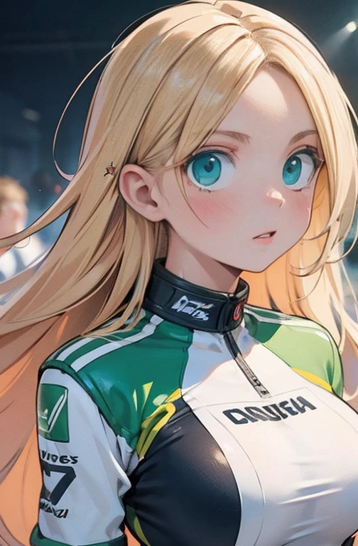 a detailed masterpiece portrait of a beautiful blonde woman with green eyes wearing a racing suit, extremely detailed face and figure, long hair, photorealistic, professional lighting, vibrant colors, cinematic composition, big breast, sensual Perfect body 