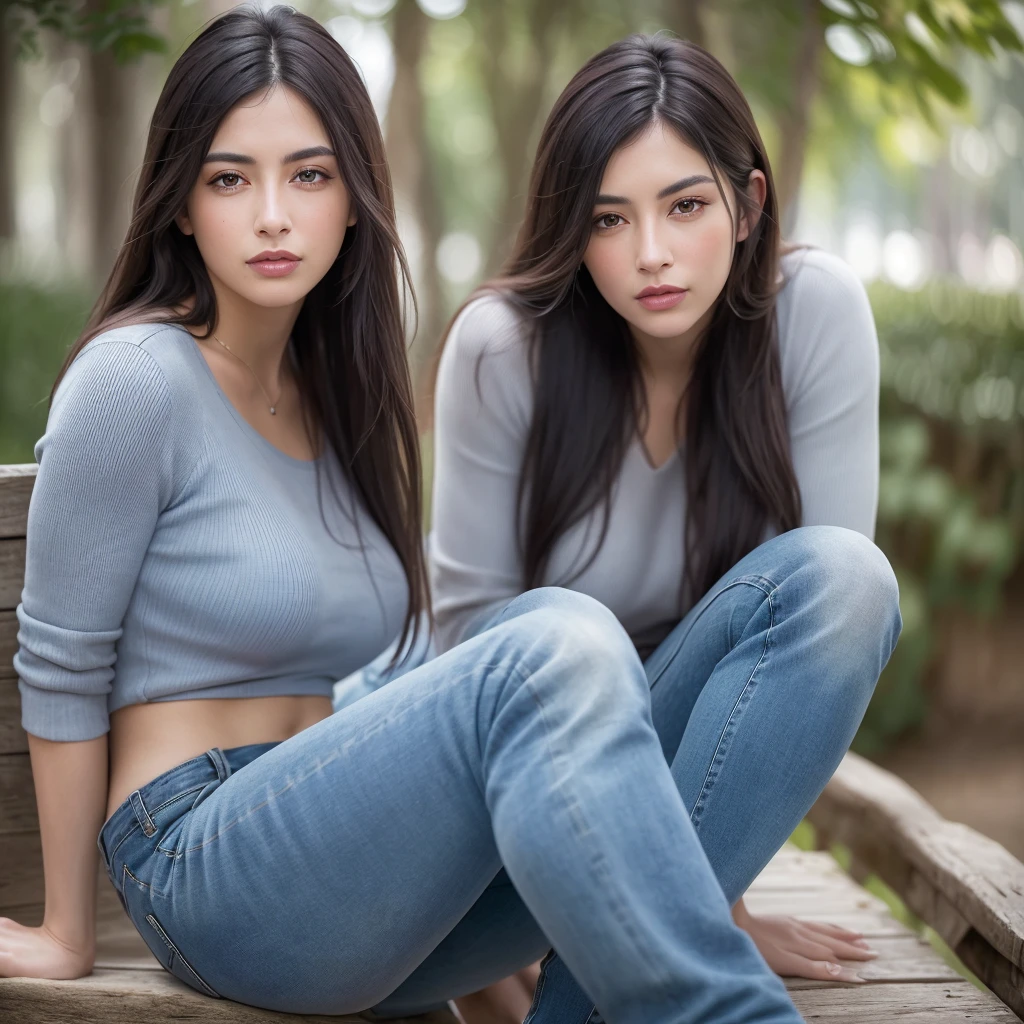a woman in blue jeans, detailed portrait, beautiful detailed eyes, beautiful detailed lips, extremely detailed face and skin, long eyelashes, long wavy hair, side view, outdoor natural lighting, photorealistic, 8k, highly detailed, intricate details, cinematic lighting, warm color tones, vibrant colors, dramatic lighting, volumetric lighting, realistic textures, fine details, hyper realistic, 4k, photographic, digital art, concept art, masterpiece, award winning y zapatos deportivos boancos