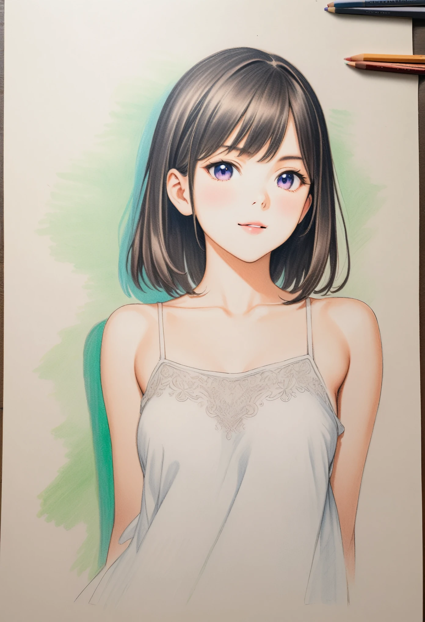 female,short camisole,white,Art,ad,colour pencil drawing,draft drawing,illustration