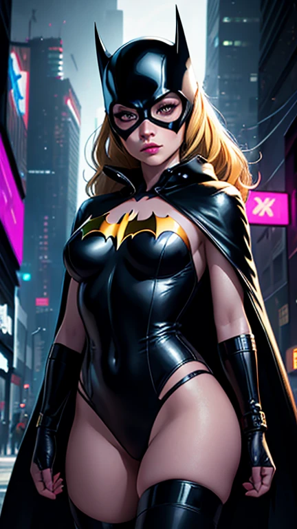 realistic, best quality, (masterpiece:1.2), absurdres, (1girl, solo), fashion photography of superhero, lips, small breasts, beautiful, makeup, mascara, lip gloss, blonde hair, a beautiful woman wearing Batgirl Costume, black cape, black helmet, black domino mask, full body portrait, soft design, natural lights, looking at viewer, (Dark midnight neon glow cyberpunk Gotham City background:1.3)