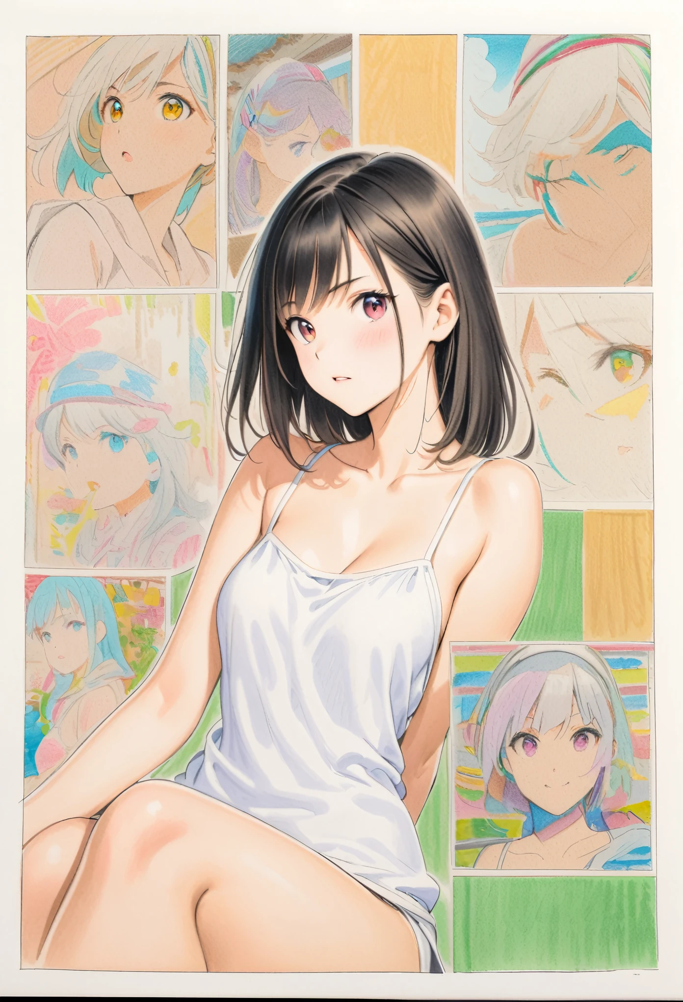 female,short camisole,white,Art,ad,colour pencil drawing,draft drawing,comic collage