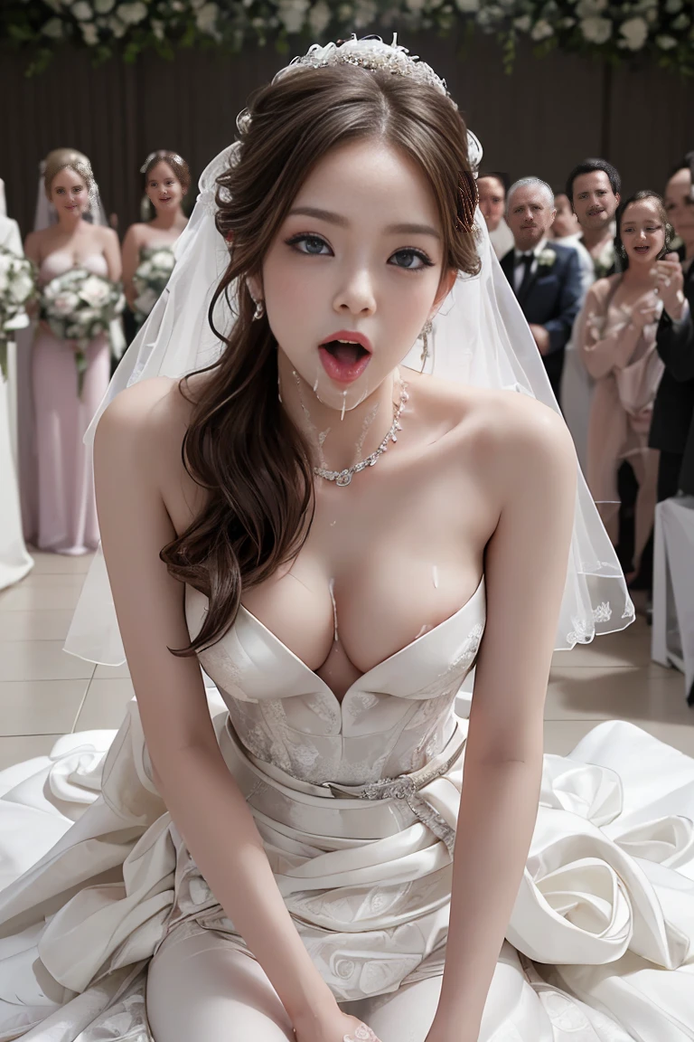 NSFW、Panoramic viewing angle、Pussy Real、Breast Real、Mastepiece、It is high resolution.、Photo woman、Detailed digital illustration、Wavy Long Hair、Folded ponytail、Detailed eyes、Shiny Hair、((Naked in a wedding dress:1.6))、Very beautiful woman、The eyes are double、Normal chest、Bust A cup、high resolution、high quality、Detailed background、((A crowded company of gentlemen:1.4))、((Two Arms、Four fingers、One thumb))、((Two Legs、Four fingers、One thumb))、Very beautiful woman、masterpiece、Crying is such a bright thing:1.3、(((Having sex with a boy coming from the side in front of the boys 1.6))),(((Creampie:1.6))),(((Sucking penis:1.6))),(((Cum in mouth:1.6))),