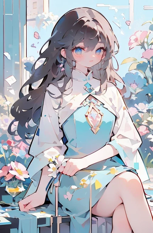 アニメ, long and curly brown hair, blue colored eyes, hands on face, sitting down, surrounded by flowers, fund (minimalistic, pastel colours, Start), digitl art, work of art, ultra detaild, best qualityer, wall-paper, wide breasts, sexly