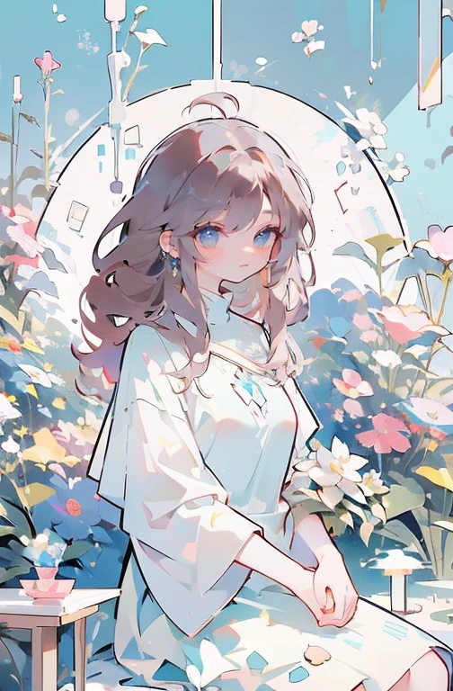  アニメ, long and curly brown hair, blue colored eyes, hands on face, sitting down, surrounded by flowers, fund (minimalistic, pastel colours, Start), digitl art, work of art, ultra detaild, best qualityer, wall-paper, wide breasts, sexly