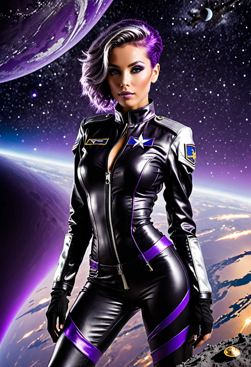 Une femme militaire en uniforme sexy noir et argent avec les cheveux violet sur une planète semblable à la terre.