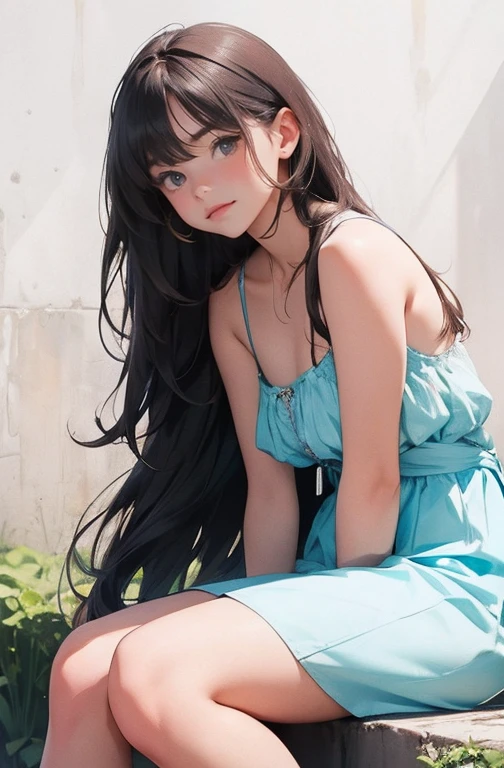 アニメ, long and curly brown hair, blue colored eyes, hands on face, sitting down, surrounded by flowers, fund (minimalistic, pastel colours, Start), digitl art, work of art, ultra detaild, best qualityer, wall-paper, wide breasts, sexly
