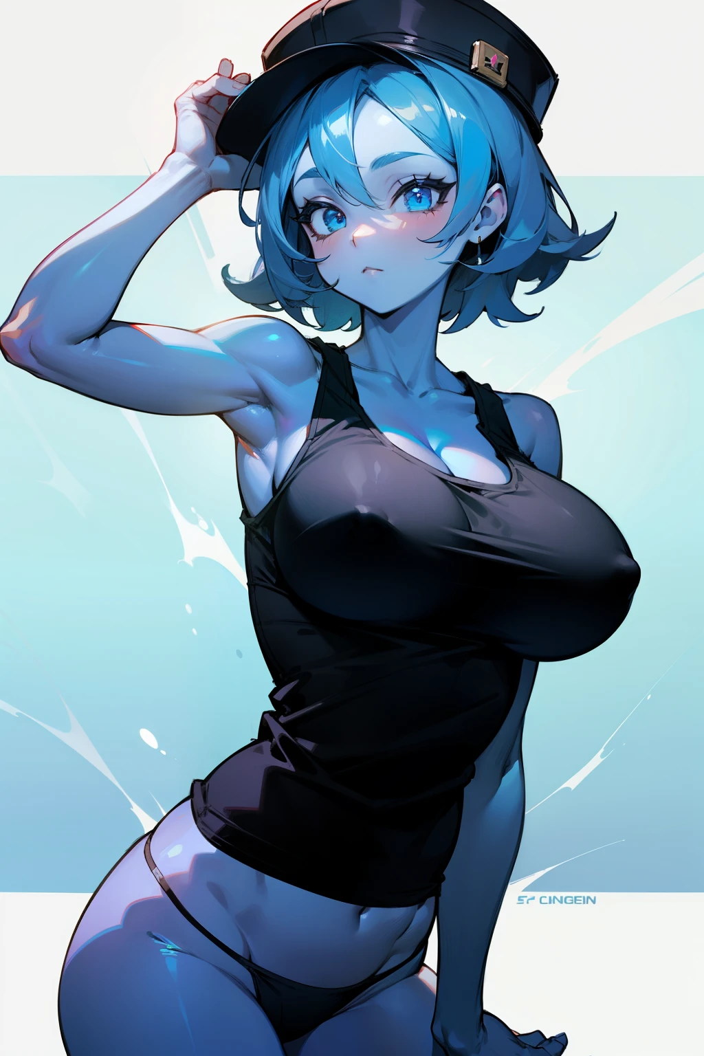 Cute girl, Smurf hat, blue skin, black tank top, panties, big boobs