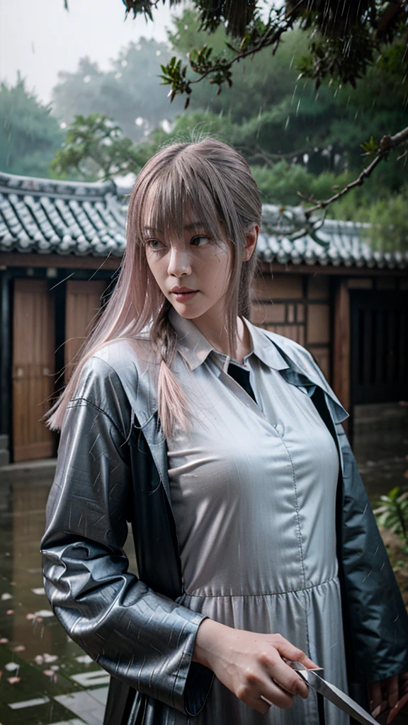 Masterpiece, best quality, night, outdoors, rainy days, branches, Chinese style, ancient China, 1 woman, mature woman, silver white long haired woman, gray blue eyes, light pink lips, cold, serious, weak, bangs, assassins, short knives, white clothes, black clothing patterns, blood stains, blood, injuries, blood on the face, blood on the clothes, rain, fine face, fine face,