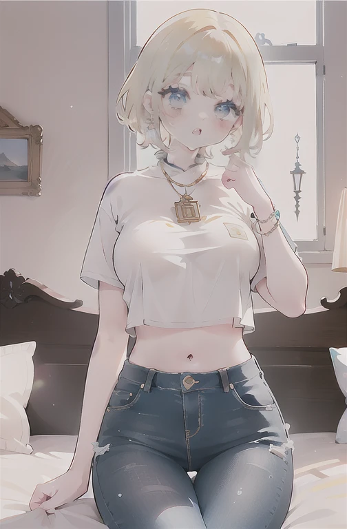 work of art, best qualityer, high resolution, kashiwazaki sena, borboleta_body hair_ornament, blonde body hair, long body hair, breasts big, water eyes, 1 girl, standing alone, bangss,top cut, short jeans, cowboy shot, ssmile, pose sexy, bed-in, bed-inroom, pillow, window, sitting down, sitting down on bed-in, gazing_phi_viewer, neckleace, wide breasts, sensual perfect body