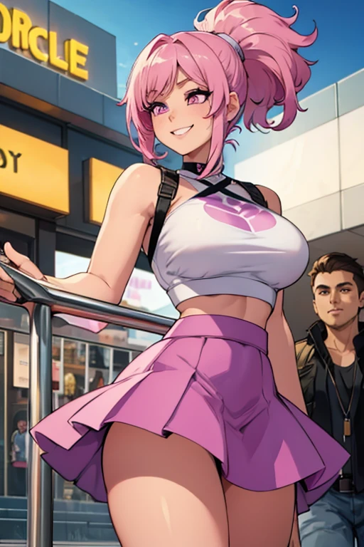 A pink haired with a violet eyes with an hourglass figure in a crop top and short skirt is shopping in the mall with a big smile and her hair in a ponytail
