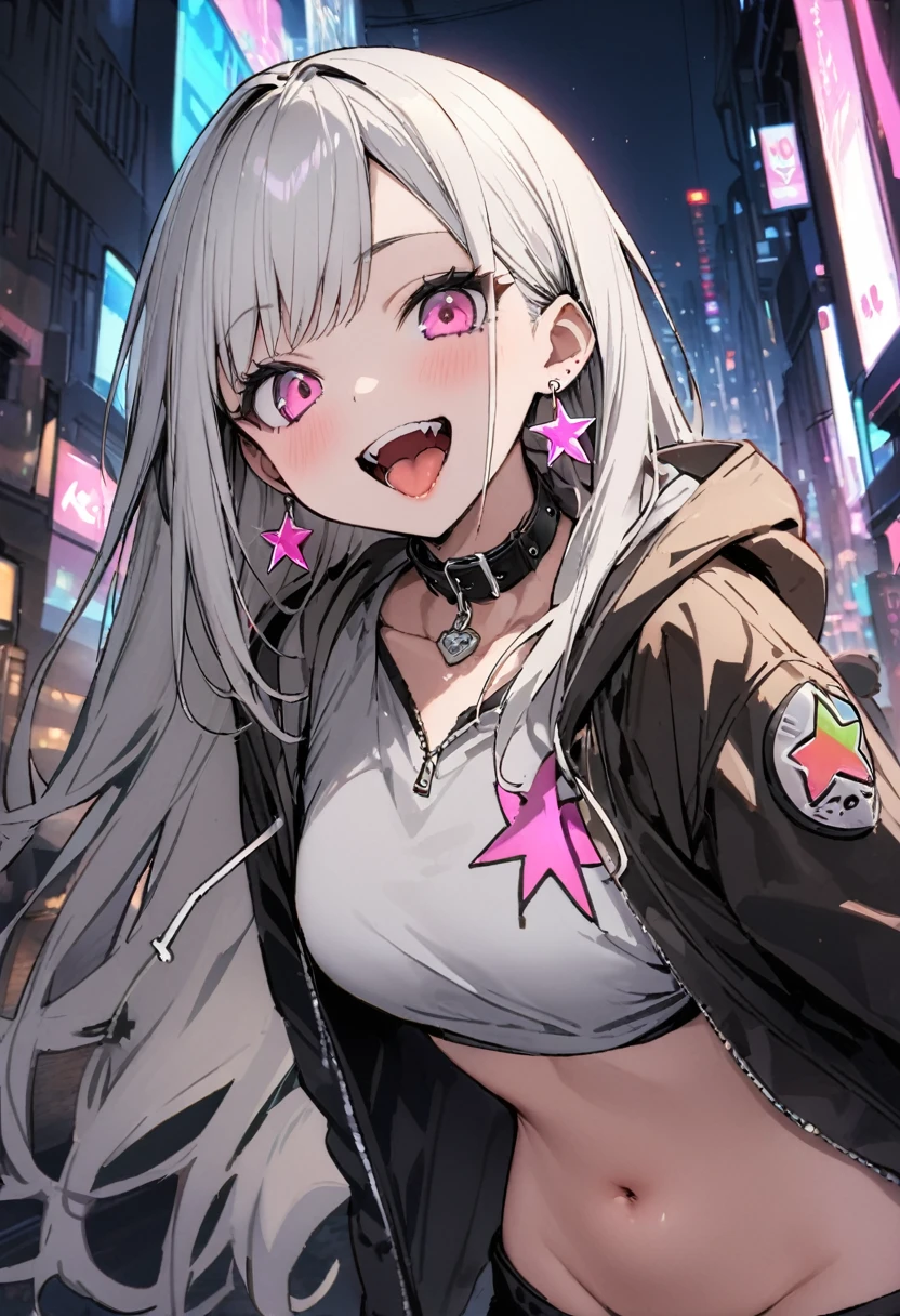 (masterpiece:1.2)、Highest quality、PIXIV、Rebellious girl、One girl、Open your mouth、鋭いteeth、teeth、Long Hair、Street background、gem、badge、ボタンbadge、Food、Pink Eyes、Earrings、Jacket、eyelash、Foodを下にして、star (symbol)、Upper Body、Characters in clothes、zipper、collar、cable、chain、tongue、Stickers、hoodie、smile、spike、Focus on the viewer、長いtongue、Chest in the center、Shoulder Bare、Belly button、Black and white hair color,leaning forward,Cyberpunk city,Night view,Black and white grey outfit