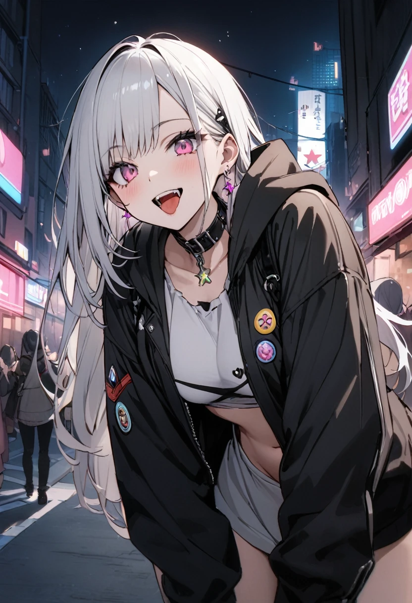 (masterpiece:1.2)、Highest quality、PIXIV、Rebellious girl、One girl、Open your mouth、鋭いteeth、teeth、Long Hair、Street background、gem、badge、ボタンbadge、Food、Pink Eyes、Earrings、Jacket、eyelash、Foodを下にして、star (symbol)、Upper Body、Characters in clothes、zipper、collar、cable、chain、tongue、Stickers、hoodie、smile、spike、Focus on the viewer、長いtongue、Chest in the center、Shoulder Bare、Belly button、Black and white hair color,leaning forward,Cyberpunk city,Night view,Black and white grey outfit