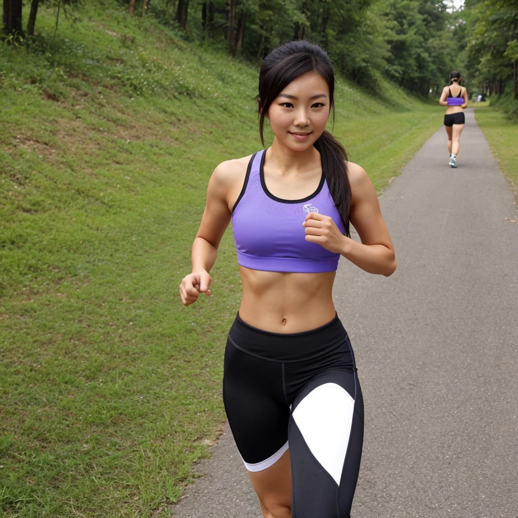 Beautiful asian woman who just finished a long distance run. She is wearing yoga pants and a sports bra.