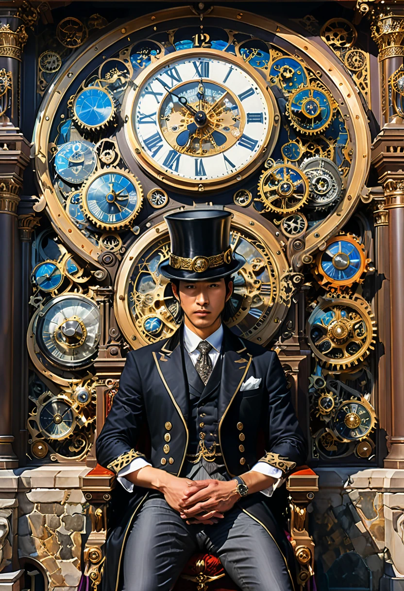 (Throne of Power), neoclassical style, an Asian man wearing a top hat and a vintage robe sits on the throne of a clock tower made up of gears and hands. There are doors on each side leading to different eras, and he controls the flow of time by adjusting the hourglass in his hand. The background is inside the clock tower, (Photography), award-winning, cinematic still, emotional, vignette, dynamic, vivid, (masterpiece, best quality, Professional, perfect composition, very aesthetic, absurdres, ultra-detailed, intricate details:1.3)