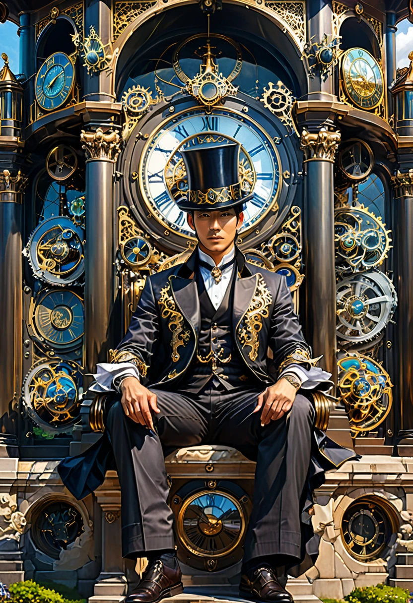 (Throne of Power), neoclassical style, an Asian man wearing a top hat and a vintage robe sits on the throne of a clock tower made up of gears and hands. There are doors on each side leading to different eras, and he controls the flow of time by adjusting the hourglass in his hand. The background is inside the clock tower, (Photography), award-winning, cinematic still, emotional, vignette, dynamic, vivid, (masterpiece, best quality, Professional, perfect composition, very aesthetic, absurdres, ultra-detailed, intricate details:1.3)