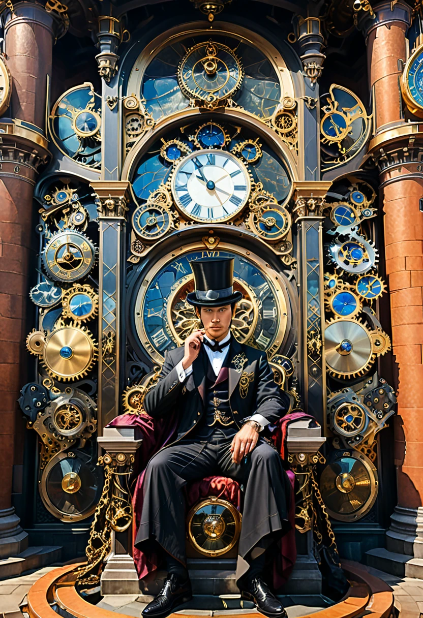 (Throne of Power), neoclassical style, an Asian man wearing a top hat and a vintage robe sits on the throne of a clock tower made up of gears and hands. There are doors on each side leading to different eras, and he controls the flow of time by adjusting the hourglass in his hand. The background is inside the clock tower, (Photography), award-winning, cinematic still, emotional, vignette, dynamic, vivid, (masterpiece, best quality, Professional, perfect composition, very aesthetic, absurdres, ultra-detailed, intricate details:1.3)