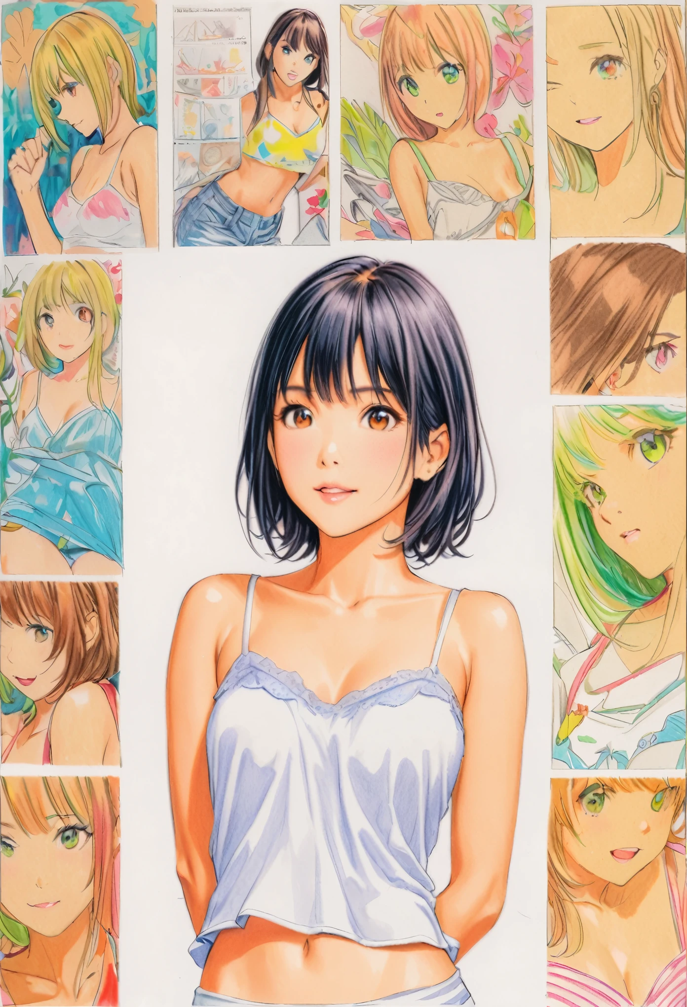 female,short camisole,white,Art,ad,colour pencil drawing,draft drawing ,comic collage