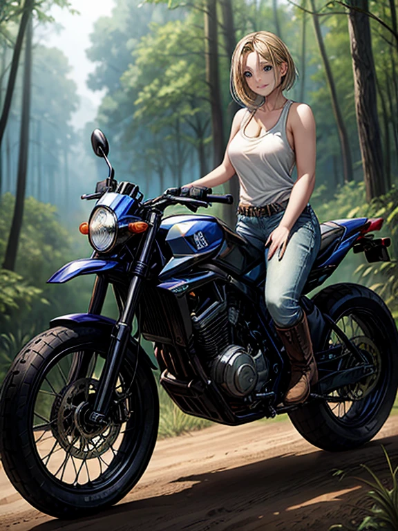 ((((masterpiece)))), expensive quality, very_expensive_solve, big_file size, Full Color, Steampunk depicting a planet of the future,, In the distant forest, A bustling foreign market, Off-road bikes. The main character is a girl with a beautiful upper body, blonde, short bob, silver, smiling, Mechanized weapons. Wearing a white tank top, Distressed denim shorts, Engineer boot, Off-road bikesに乗る. beauty,