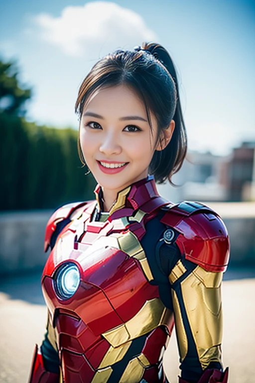 (a gorgeous lady, wearing cosplay of Iron Man MK 7 Suit, Power Pose with snowing sky, dimpled smile, short ponytail, cute snaggleooth, beautiful detailed eyes, photorealistic, hyper-realism, high contrast, ultra HD, realistic skin textures, top image quality, top-quality, super high resolution, fine details, very meticulously, the Cowboy shot, enchanting background)