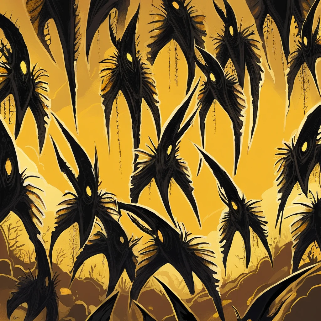 Pterados with golden-yellow yellow-white and golden-brown color palette with background in nightmare fuel art style
