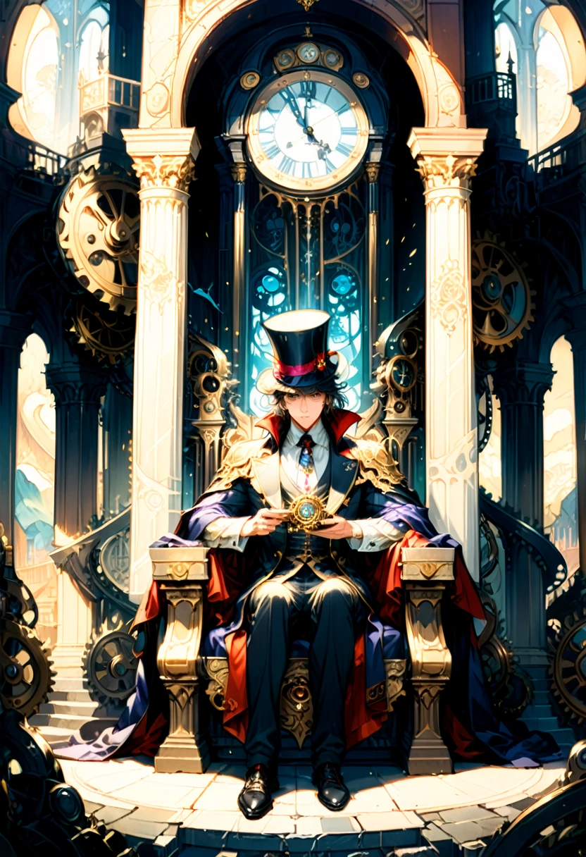 (Throne of Power), neoclassical style, man wearing a top hat and a vintage robe sits on the throne of a clock tower made up of gears and hands. There are doors on each side leading to different eras, and he controls the flow of time by adjusting the hourglass in his hand. The background is inside the clock tower, (Photography), award-winning, cinematic still, emotional, vignette, dynamic, vivid, (masterpiece, best quality, Professional, perfect composition, very aesthetic, absurdres, ultra-detailed, intricate details:1.3)