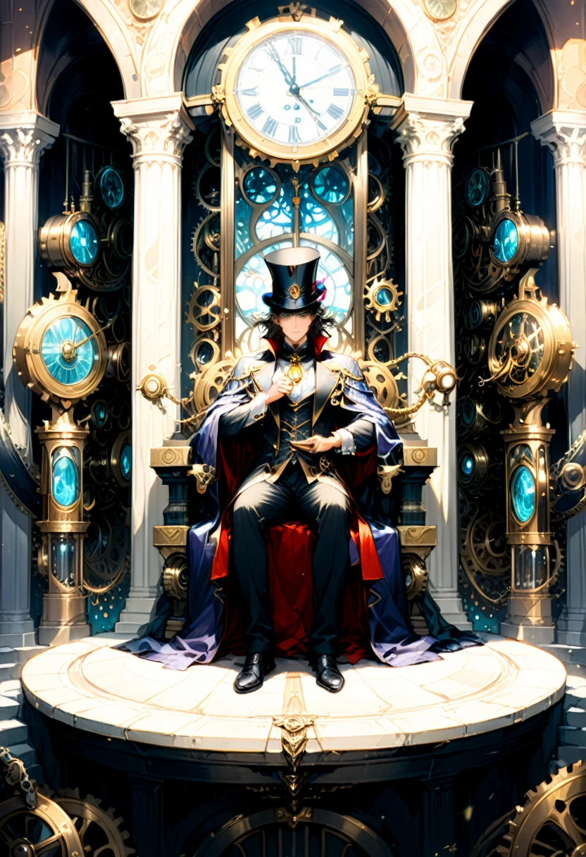 (Throne of Power), neoclassical style, man wearing a top hat and a vintage robe sits on the throne of a clock tower made up of gears and hands. There are doors on each side leading to different eras, and he controls the flow of time by adjusting the hourglass in his hand. The background is inside the clock tower, (Photography), award-winning, cinematic still, emotional, vignette, dynamic, vivid, (masterpiece, best quality, Professional, perfect composition, very aesthetic, absurdres, ultra-detailed, intricate details:1.3)