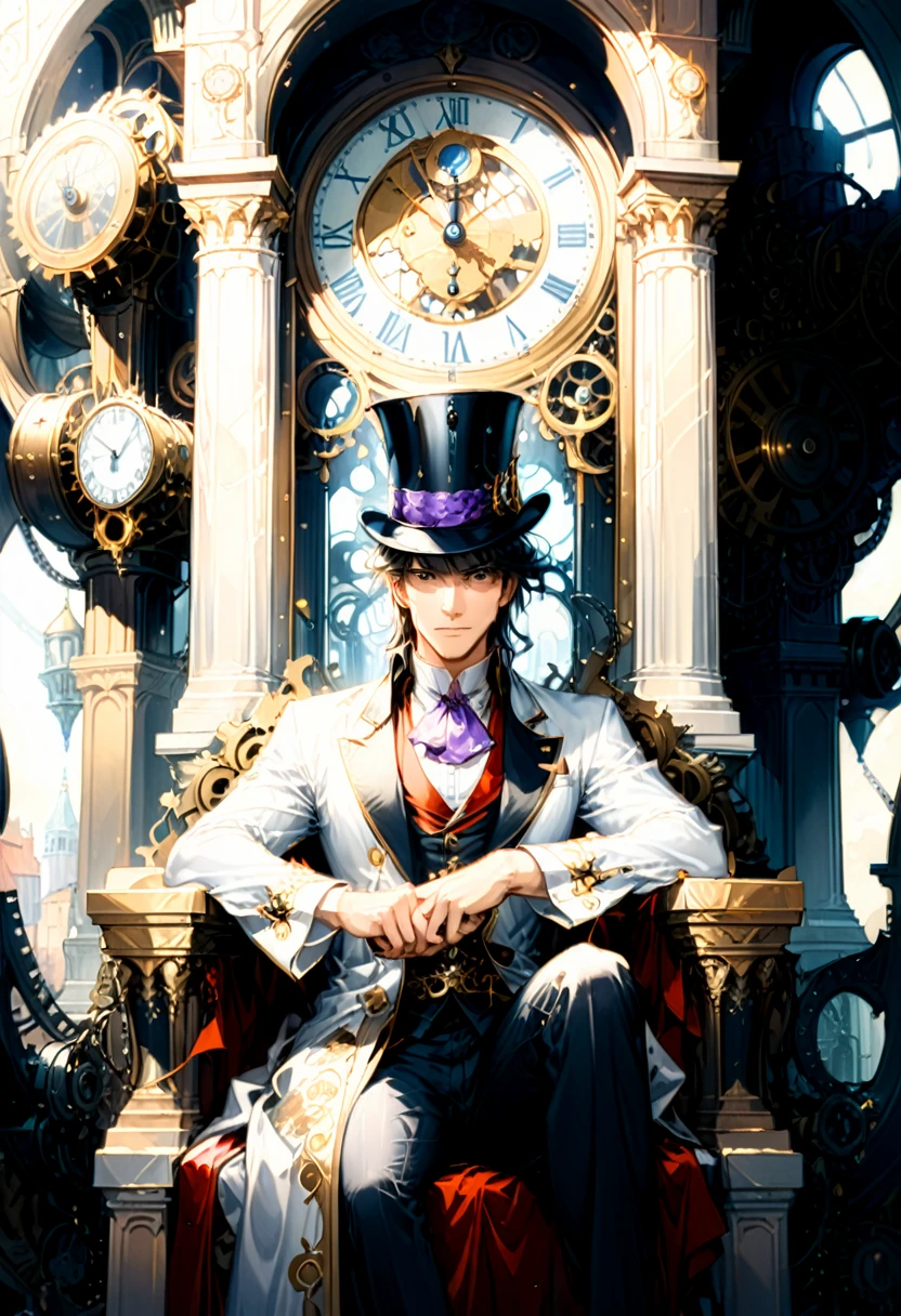 (Throne of Power), neoclassical style, man wearing a top hat and a vintage robe sits on the throne of a clock tower made up of gears and hands. There are doors on each side leading to different eras, and he controls the flow of time by adjusting the hourglass in his hand. The background is inside the clock tower, (Photography), award-winning, cinematic still, emotional, vignette, dynamic, vivid, (masterpiece, best quality, Professional, perfect composition, very aesthetic, absurdres, ultra-detailed, intricate details:1.3)