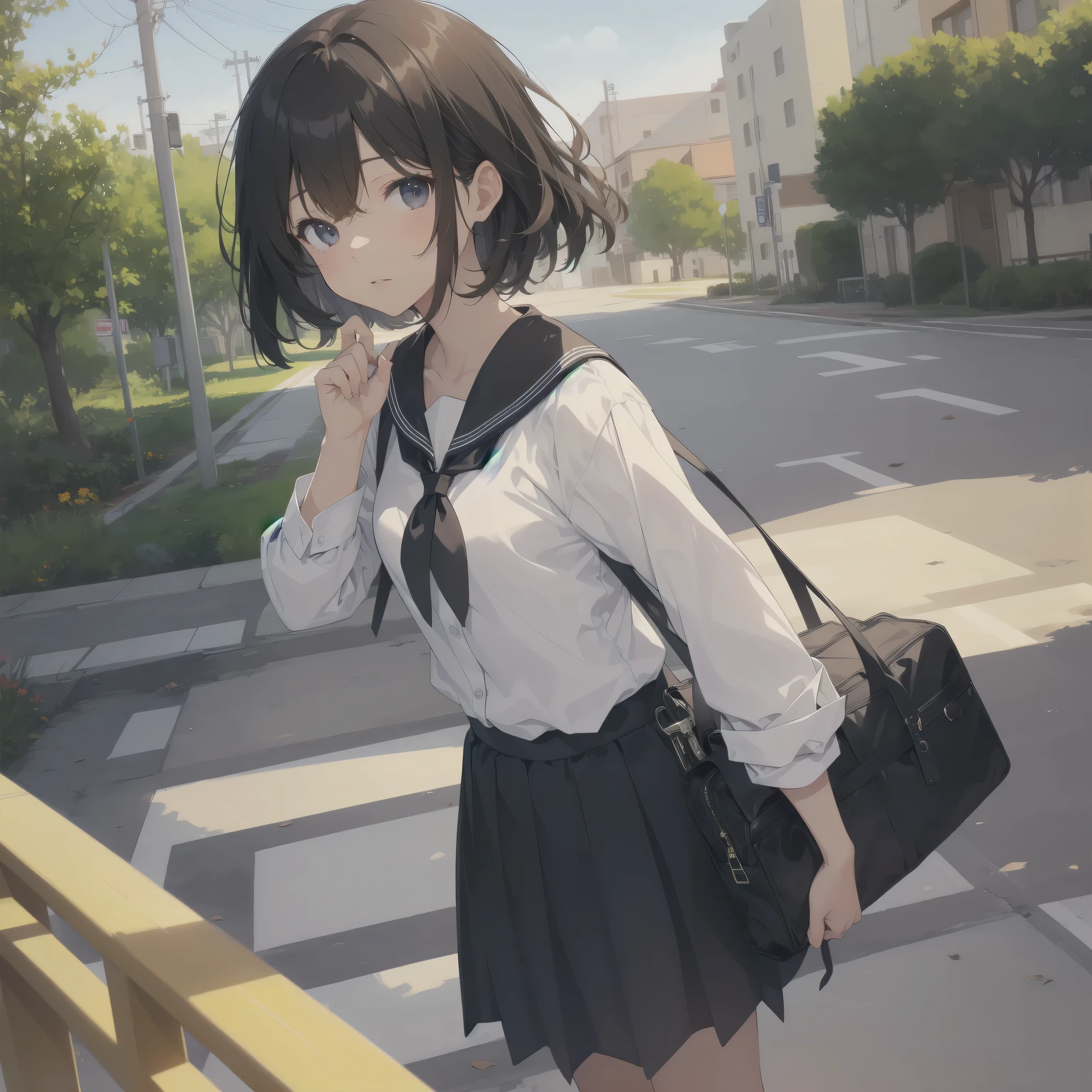 ultra-absurdres-Top quality by artist God, ultra-detailed, high resolution, anime moe artstyle, best anime 8k konachan wallpaper, pixiv contest winner, pool:2810, perfect anatomy,break, 1girl, (Please draw a girl walking sleepily to school alone. )break,(Solo,little female, 13-year-old:1.3),Full limbs, complete fingers,a junior high school student, (very short hair), short cut, flat chest, , small butt, small black eyes, beautiful detailed eyes, well-proportioned iris and pupils, expressive eyes, highres detailed hair, soft expression, salor school_uniform, sailor collar, serahuku, bow, pleated skirt,(Detailed Lighting), (Detailed background), in the School commute route. break,super detailed skin, Best cinematic lighting powered by famous artist, 8k,beauty illustration,photoshop_(medium),very aesthetic,break,((artist:sincos )), artist:clamp ,artist:carnelian ,artist:kantoku ,