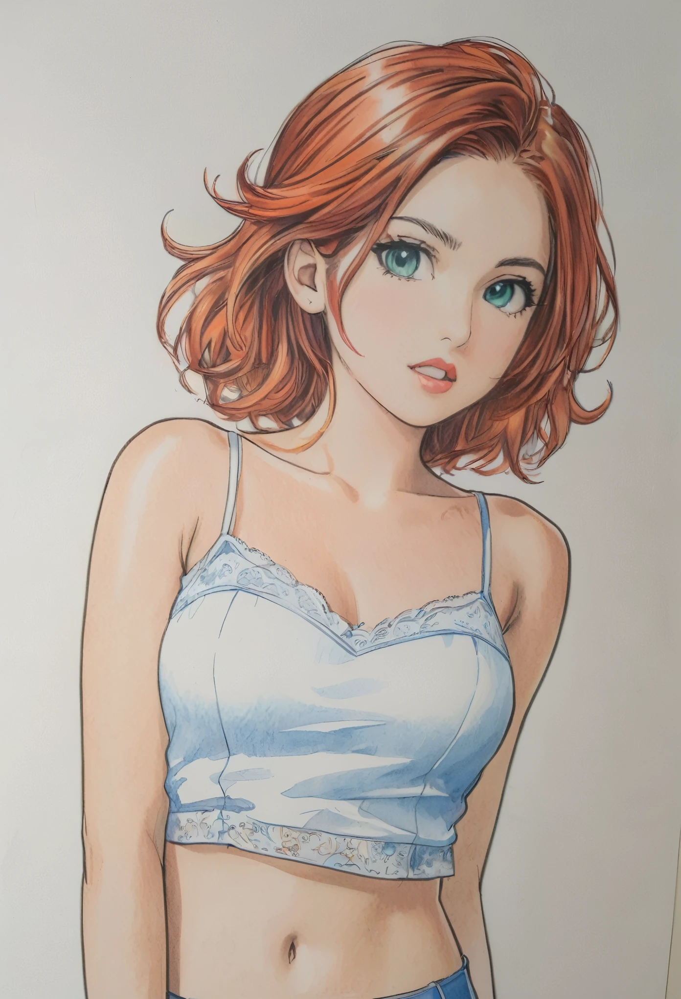 woman,Short camisole,white,art,advertisement,Colored pencil drawing,draft