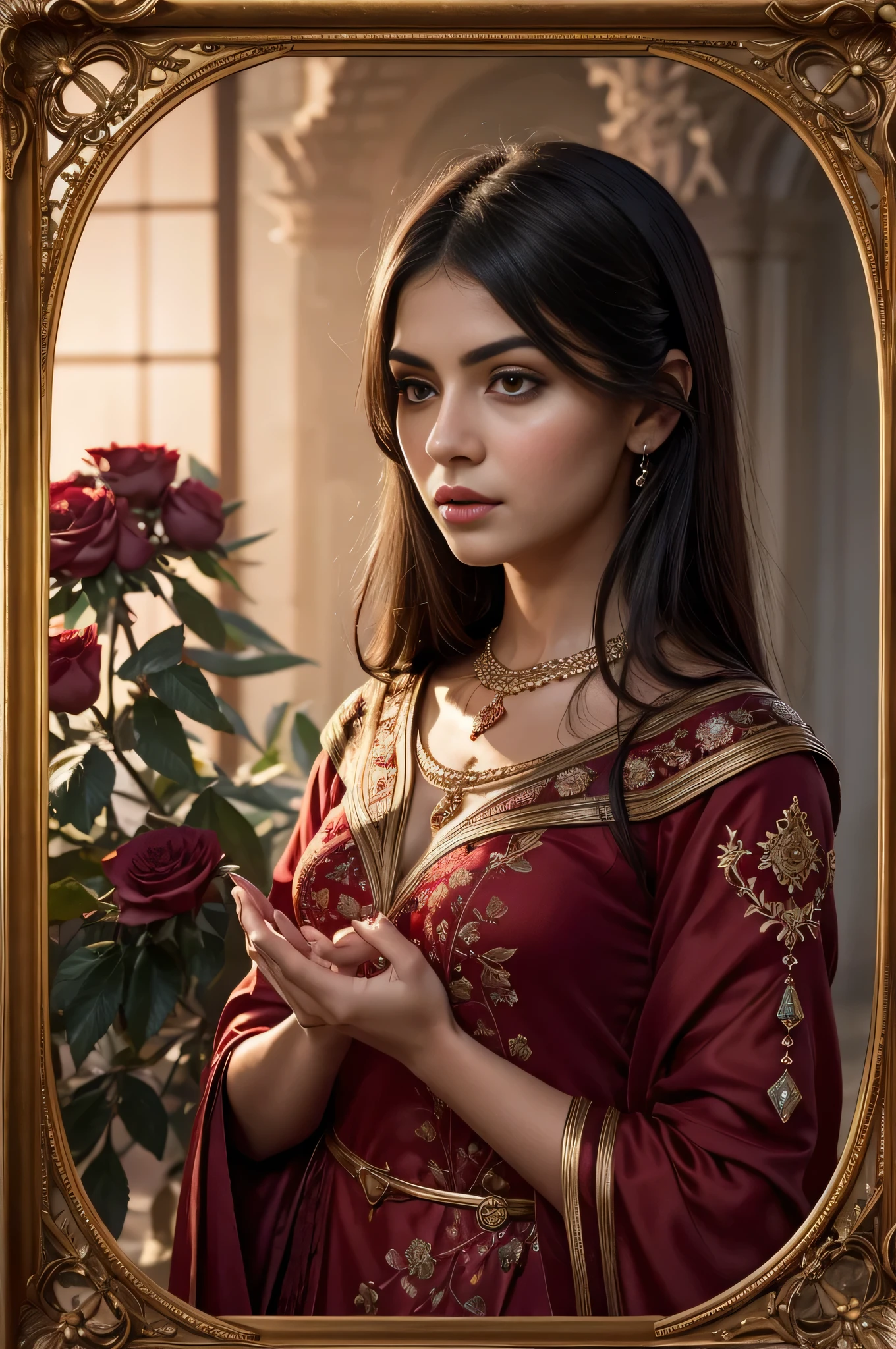A defiant gleam shines in the eyes of a young Persian girl from the Qajar period. Your fiery red-pink clothes, adorned with golden embroidery that reflects the flickering candlelight, undulate dramatically around you. She is facing a big, carved wooden frame, its edges shining with a golden glow. Inside the frame, a hauntingly beautiful painting depicts a nightingale perched on a branch overflowing with red roses and delicate peonies. The contrast between the woman's unwavering gaze and the melancholic beauty of the floral scene intensifies the drama., suggesting a captivating story waiting to be unraveled.