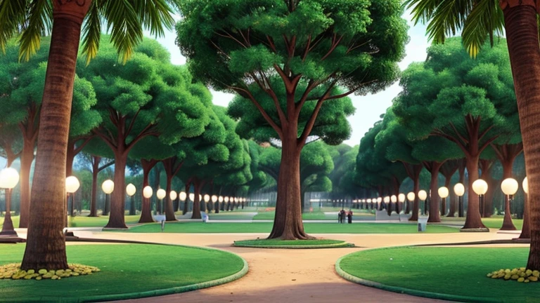 inside the park. in a Brazilian city. there are bright lights in every tree. there is a podium where the mayor will give a speech.
