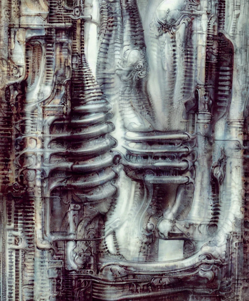 Giger_style, The image is a detailed view of H.R. Giger's \" NYC \" plate, featuring a complex network of bones and organs in a purple-brown hue ,swirling gray and brown colors. The artwork is silver and purplish brown, with an ivory bones prominently displayed. The image is highly detailed and intricate, almost like a 3d version of a medical sketch.
The piece is a tableau, most likely created with a India ink pen or pencil on paper, determined by the thin lines, shading techniques, and the texture of the paper, which is visible around the edges. Used is pen, given the shading and variations in line weight visible in the image. One have used a variety of pencils with different degrees of hardness to achieve the shading effects.

The style  is clearly biomechanical. Features combination of organic and mechanical forms. Mechanical elements dominate the composition, there are subtle organic hints. The use of undersaturated purple-grays dark contrasts creates a stark and graphic look. Is used a variety of linework techniques to create different textures. Fine, parallel lines create a smooth, metallic texture,while thicker, more cursive lines suggest cables or wires. Machines fills most, with its central cylindric structure acting as the focal point. Parallel lines emanating from this central structure used to create a sense of depth and movement. Being overwhelmingly mechanical, there are subtle suggestions of organic forms.

The art performance showcases the artist’s skills in observation and rendering. The level of detail in the piece suggests a close study of real bone specimens and anatomy. The artist has skillfully used shading techniques to create a convincing illusion of three-dimensionality on a flat surface.The wrinkles and cracks in the surface, and the cast shadows with accuracy, used shading techniques to create a realistic depiction of light and shadow on the objects. This creates a sense of depth and dimension in the image