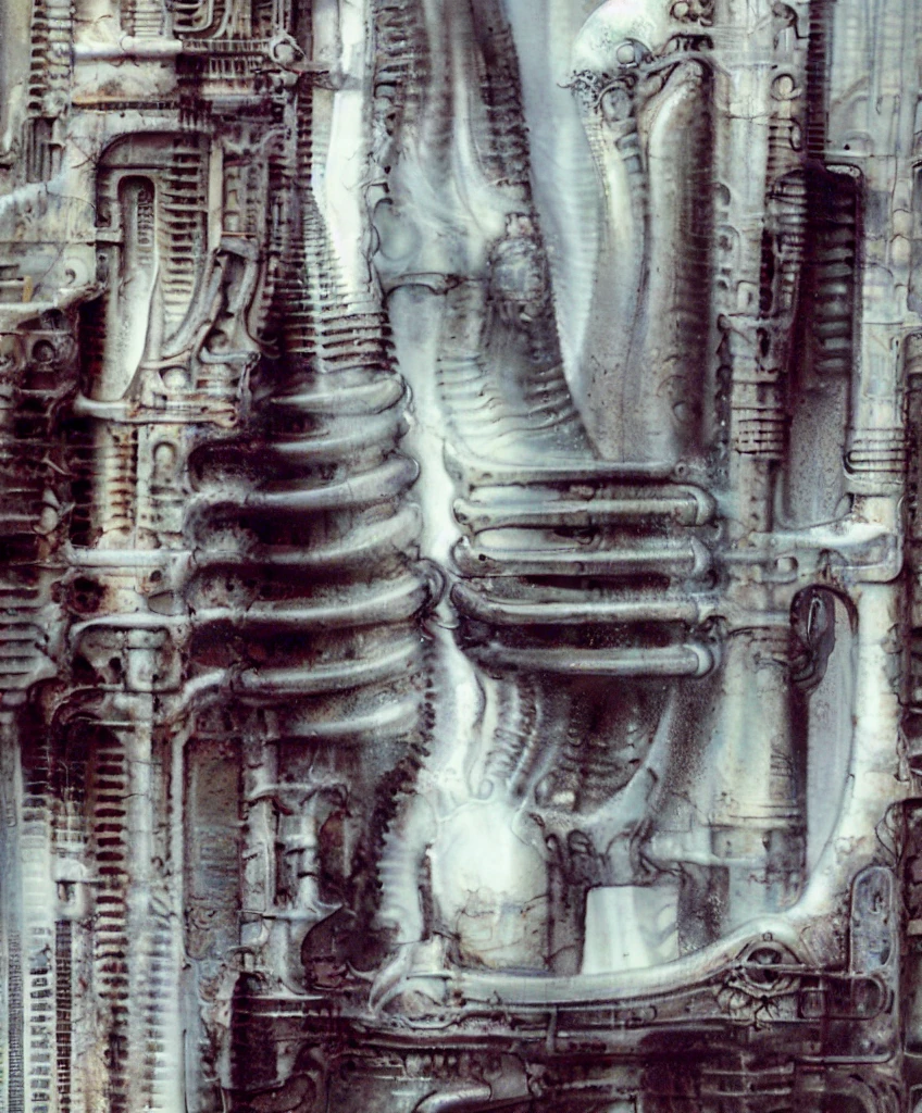 Giger_style, The image is a detailed view of H.R. Giger's \" NYC \" plate, featuring a complex network of bones and organs in a purple-brown hue ,swirling gray and brown colors. The artwork is silver and purplish brown, with an ivory bones prominently displayed. The image is highly detailed and intricate, almost like a 3d version of a medical sketch.
The piece is a tableau, most likely created with a India ink pen or pencil on paper, determined by the thin lines, shading techniques, and the texture of the paper, which is visible around the edges. Used is pen, given the shading and variations in line weight visible in the image. One have used a variety of pencils with different degrees of hardness to achieve the shading effects.
The style is clearly biomechanical. Features combination of organic and mechanical forms. Mechanical elements dominate the composition, there are subtle organic hints. The use of undersaturated purple-grays dark contrasts creates a stark and graphic look. Is used a variety of linework techniques to create different textures. Fine, parallel lines create a smooth, metallic texture,while thicker, more cursive lines suggest cables or wires. Machines fills most, with its central cylindric structure acting as the focal point. Parallel lines emanating from this central structure used to create a sense of depth and movement. Being overwhelmingly mechanical, there are subtle suggestions of organic forms.
The art performance showcases the artist’s skills in observation and rendering. The level of detail in the piece suggests a close study of real bone specimens and anatomy. The artist has skillfully used shading techniques to create a convincing illusion of three-dimensionality on a flat surface.The wrinkles and cracks in the surface, and the cast shadows with accuracy, used shading techniques to create a realistic depiction of light and shadow on the objects. This creates a sense of depth and dimension in the image