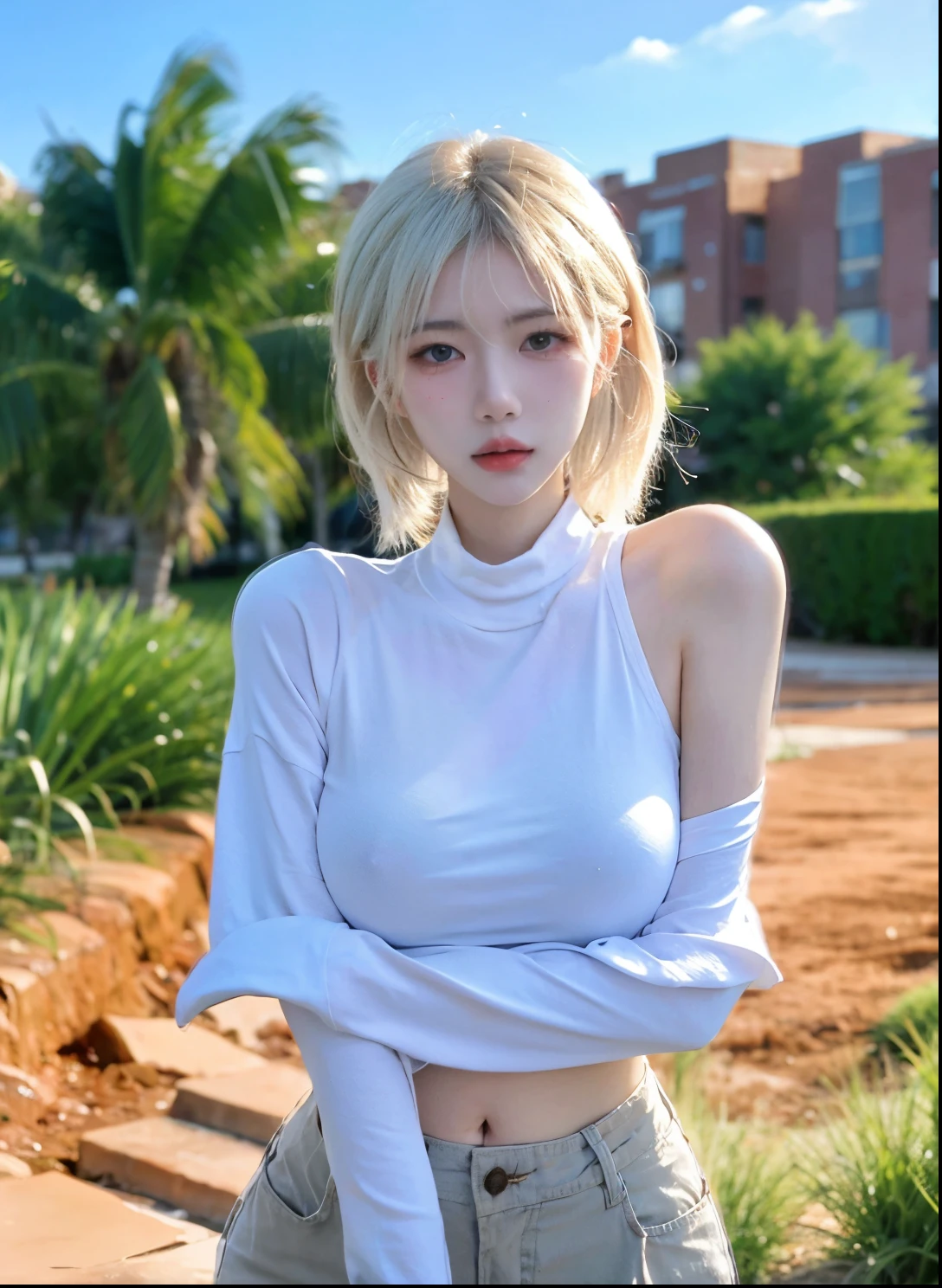 Beautiful woman with perfect figure:1.4,Desert Background,Desert Background,Ultra-high resolution,Seductive laughter,wear glasses,(lifelike:1.4),Layered Hairstyle,White皮肤,Super short pleated skirt,whole body,Very delicate face and skin texture,Double eyelids,Skin Whitening,Long hair,White hair,White,
