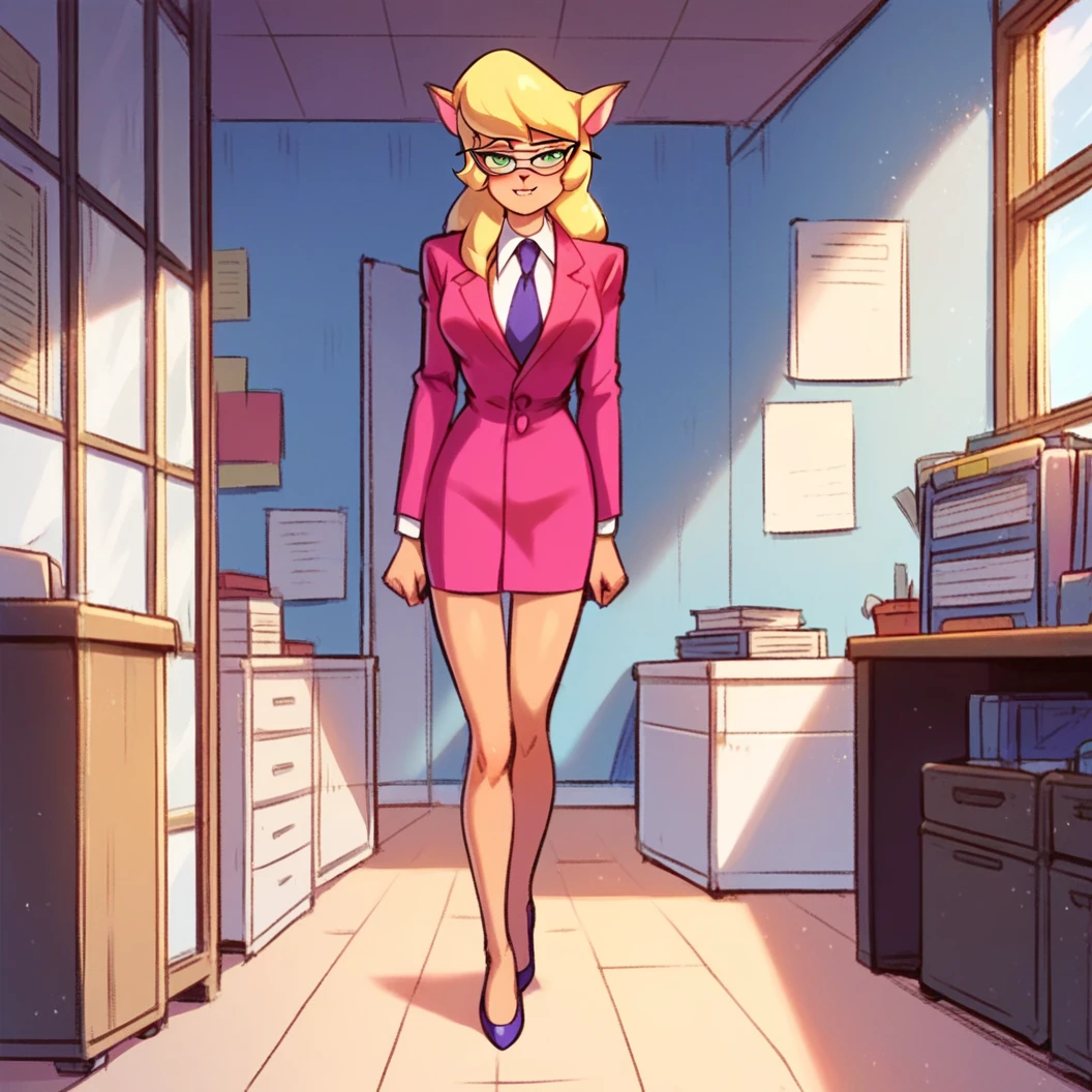 score_9, score_8_up, score_7_up, score_6_up, score_5_up, score_4_up, (Source furry), (rating nsfw), 1girl solo, indoors, office, looking at viewer, glasses, callie briggs,, detailed, detailed fur, front view, standing, full view, legs, purple heels, white panties, embarrassed, pink polka dot panties, skirt fallen down at her ankles, skirt unbuttoned, pink sportcoat