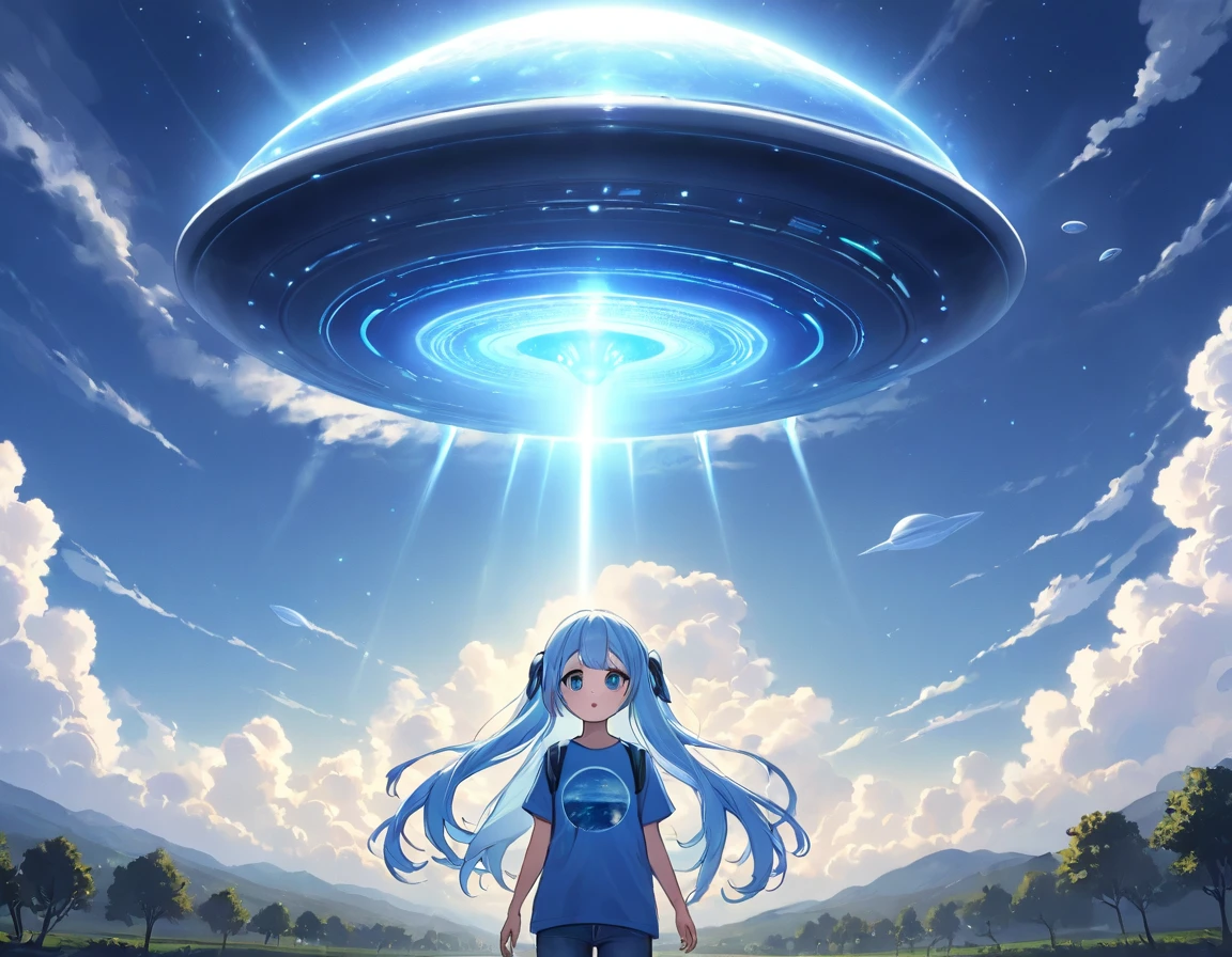 Light blue long hair、Twin-tailed Girl、T-shirt and jeans、Dark Eyes、Scary face、A large unidentified flying object (UFO) is flying、Aliens descended from a UFO、Girl with alien、A shining light from the UFO、blue sky、White cloud、Aliens appeared