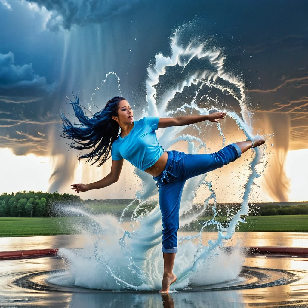 A dynamic scene of a young woman with long, flowing blue hair tied back, wearing a light blue shirt and dark blue rolled-up pants, performing a high kick against a massive water tornado. The water tornado, with a spiraling structure, is bursting and splashing dramatically upon impact with her foot. The setting is an open area with a clear blue sky and some clouds in the background. The sunlight reflects off the water droplets, creating a sparkling effect. The overall scene conveys a sense of strength, action, and fluidity. hyper realistic photo, vibrant color, 16k