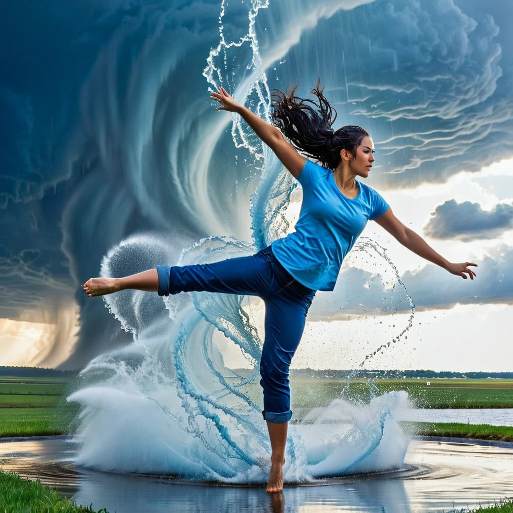 A dynamic scene of a young woman with long, flowing blue hair tied back, wearing a light blue shirt and dark blue rolled-up pants, performing a high kick against a massive water tornado. The water tornado, with a spiraling structure, is bursting and splashing dramatically upon impact with her foot. The setting is an open area with a clear blue sky and some clouds in the background. The sunlight reflects off the water droplets, creating a sparkling effect. The overall scene conveys a sense of strength, action, and fluidity. hyper realistic photo, vibrant color, 16k