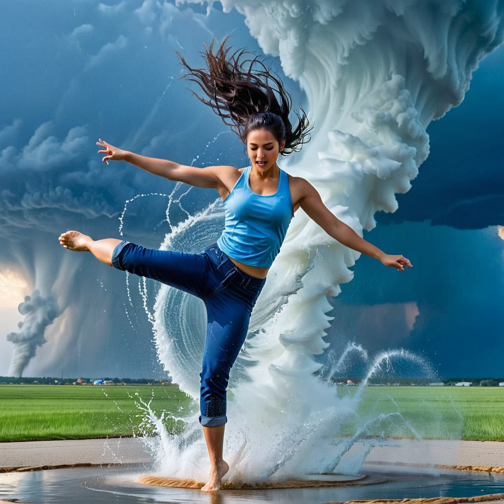 A dynamic scene of a young woman with long, flowing blue hair tied back, wearing a light blue shirt and dark blue rolled-up pants, performing a high kick against a massive water tornado. The water tornado, with a spiraling structure, is bursting and splashing dramatically upon impact with her foot. The setting is an open area with a clear blue sky and some clouds in the background. The sunlight reflects off the water droplets, creating a sparkling effect. The overall scene conveys a sense of strength, action, and fluidity. hyper realistic photo, vibrant color, 16k